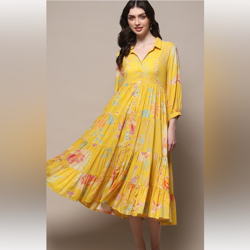 Biba Yellow Floral Collared Tiered Midi Maxi Dress